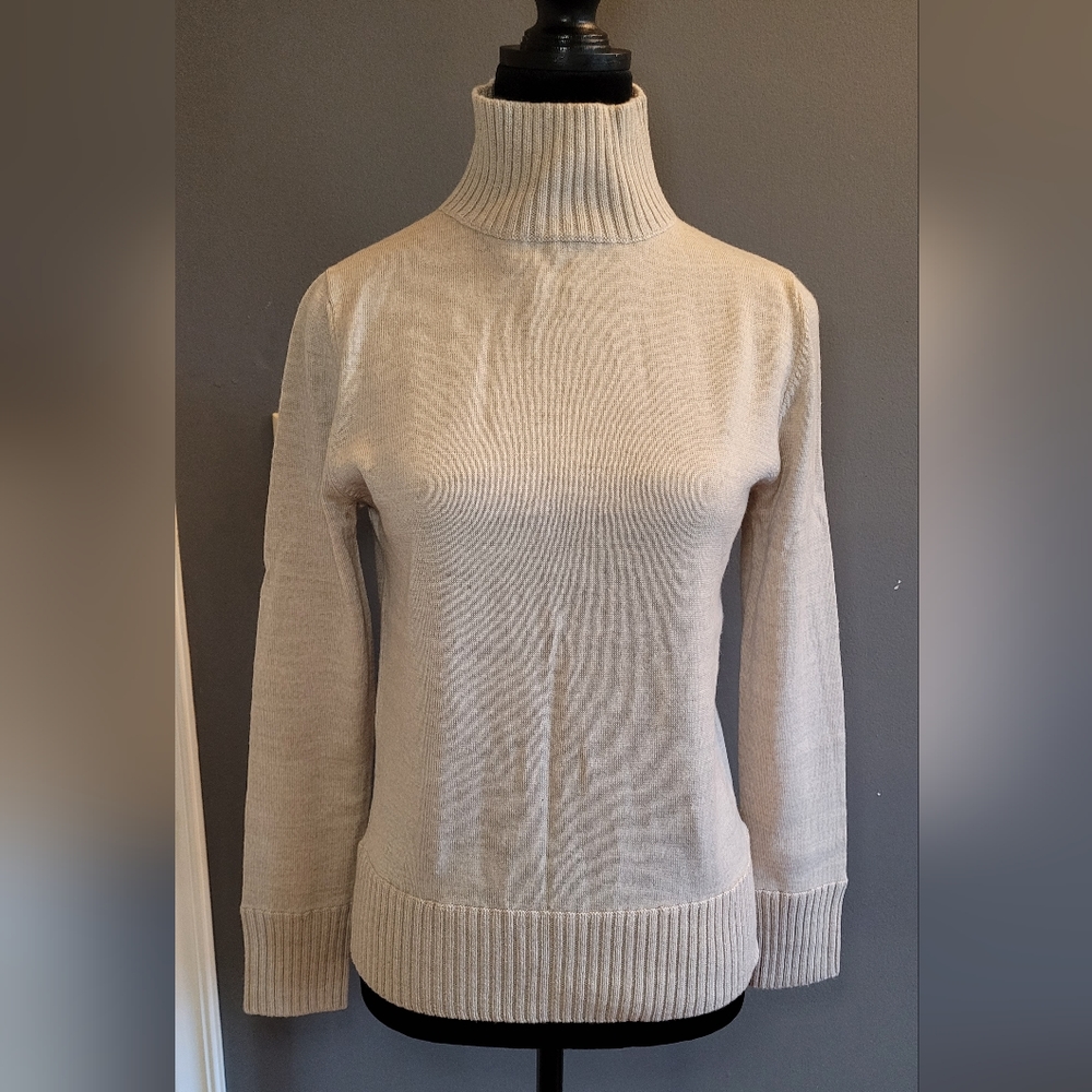Valerie Fine Merino Wool Mock Neck Long Sleeves Beige Pullover Sweater Size S